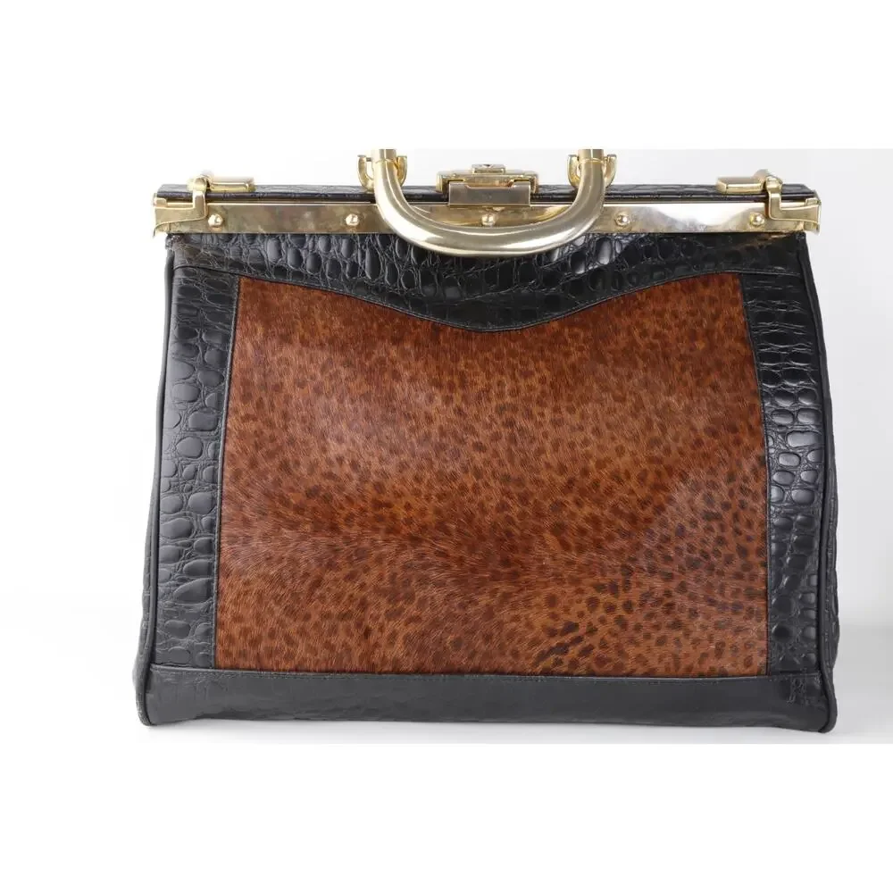Rare Vintage L’ior Structured Doctor Frame Bag Croc Embossed Leather Calf Hair